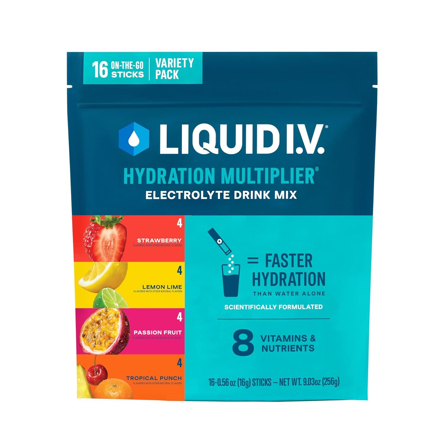 Displays the core product packaging to show shoppers what they will receive, emphasizing the variety pack format with 16 on-the-go sticks in multiple flavors. Shows the four different flavor options…