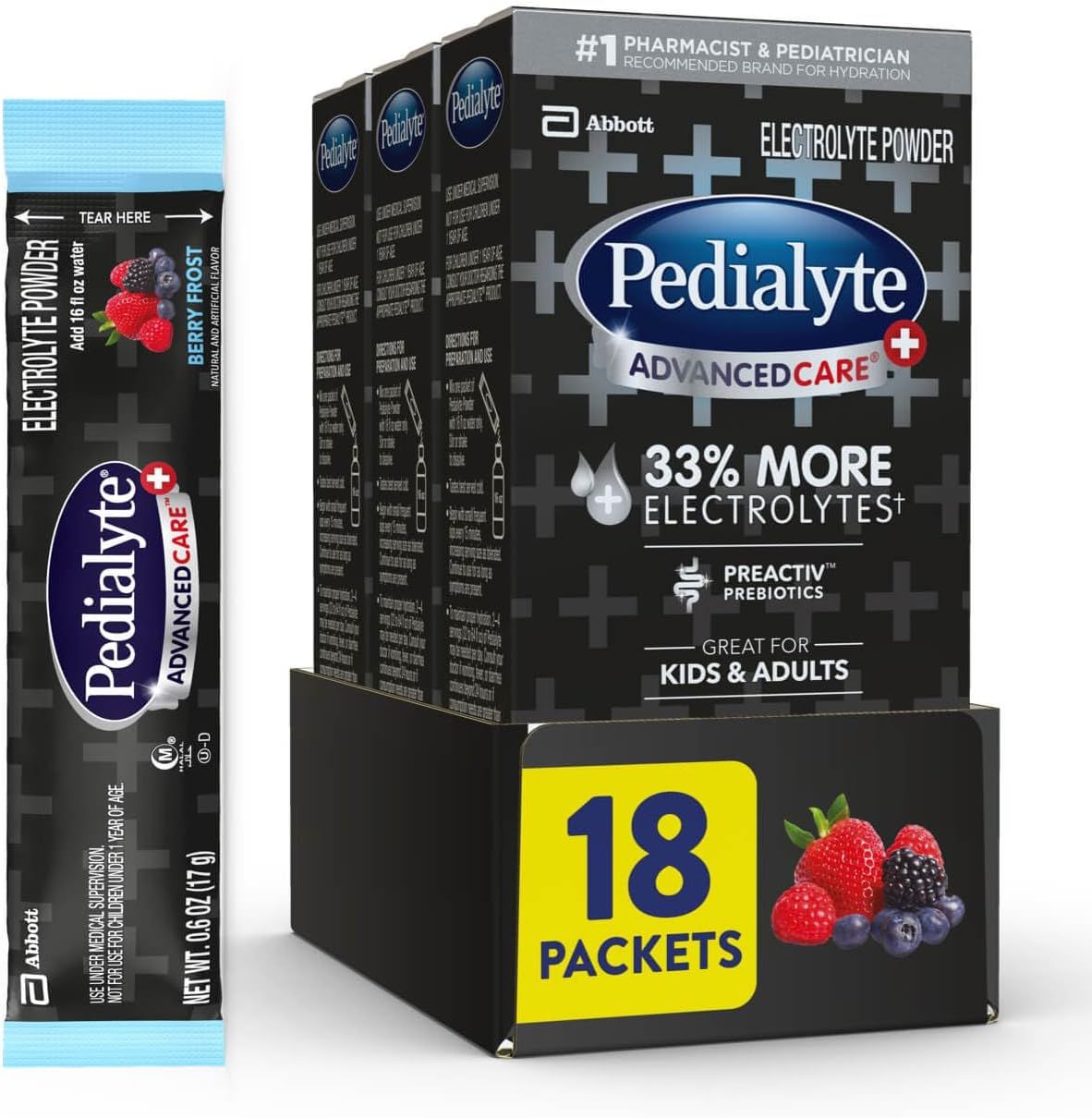 Shows the core sellable product - Pedialyte AdvancedCare electrolyte powder in an 18-packet box with berry frost flavor, clearly displaying the product and its retail packaging to help shoppers…
