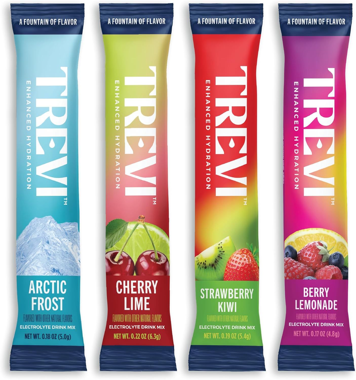 Displays the core product in four distinct flavor variants to show shoppers the variety available in the product line. Showcases the four selectable flavor options (Arctic Frost, Cherry Lime,…
