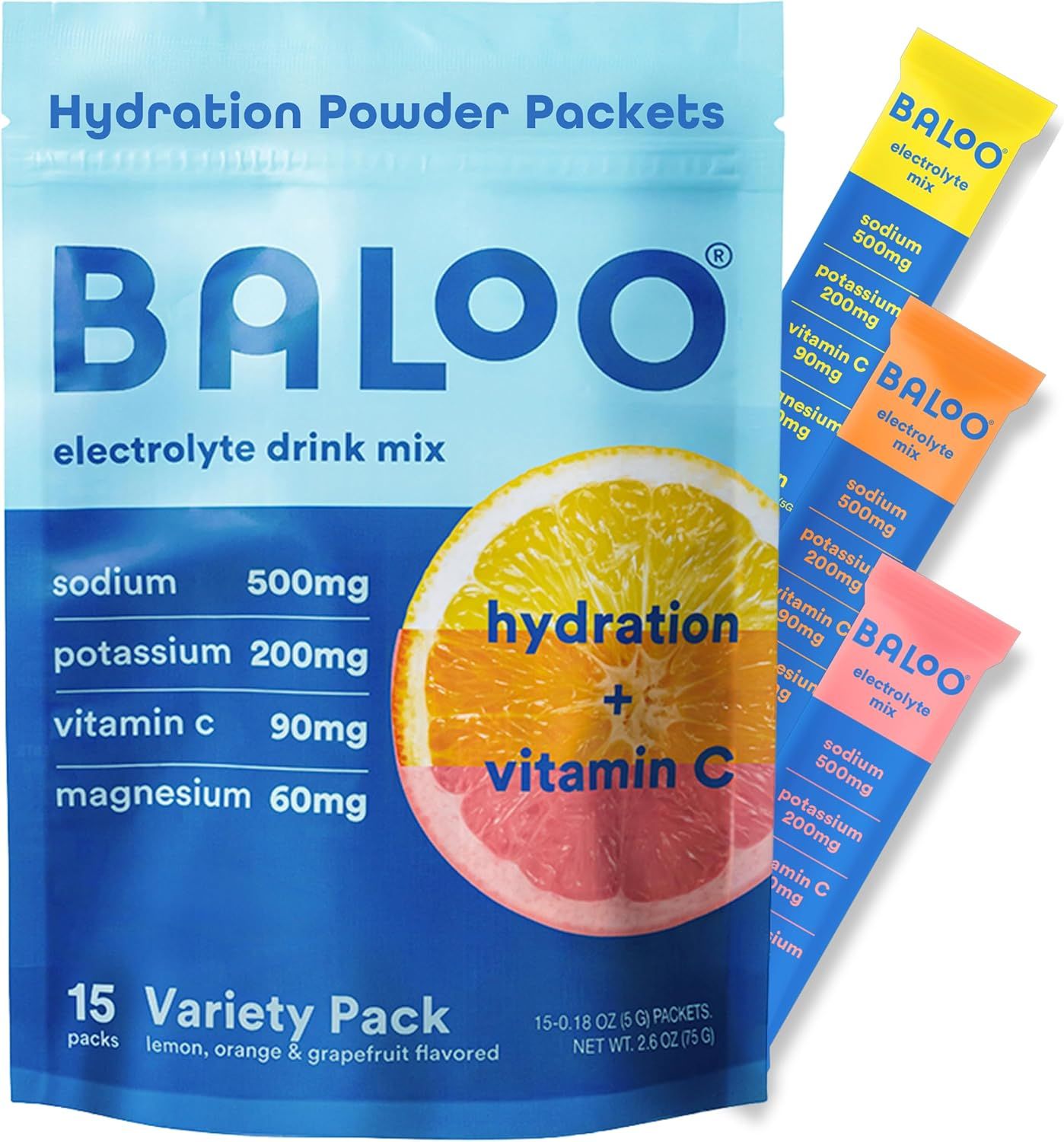 Shows the core product packaging and individual powder packets to communicate what the shopper will receive and the variety of flavors available. Displays three different colored packets…