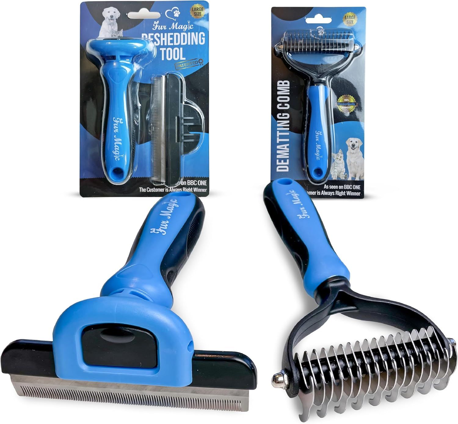 Shows the core pet grooming products clearly with detailed views of both tools, allowing shoppers to see the design, blade structure, and ergonomic handles to understand what they are purchasing.…