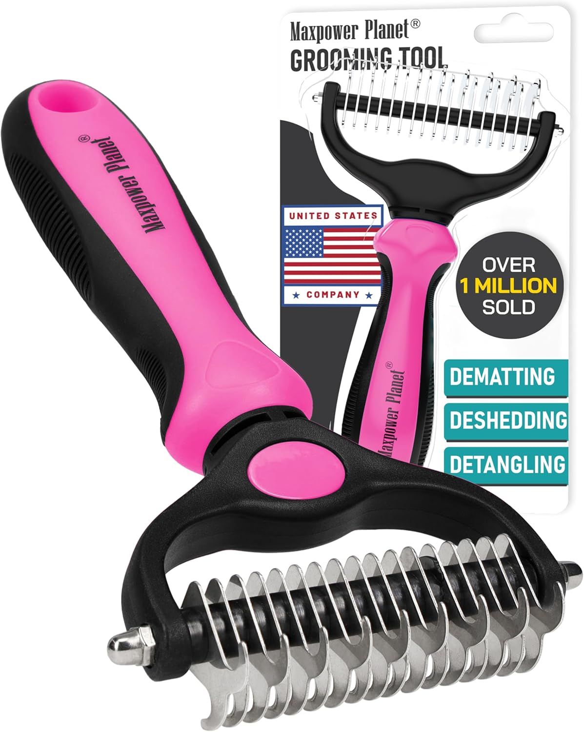 Displays the core sellable product - a set of pet grooming tools including dematting and deshedding combs with ergonomic pink and black handles, clearly showing what the customer will receive. Shows…