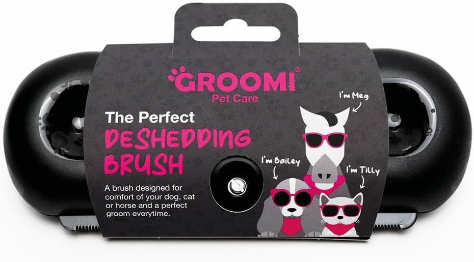 Shows the core product, a pet grooming deshedding brush, clearly displayed with its retail packaging to help shoppers understand what they are purchasing. Displays the branded retail packaging with…