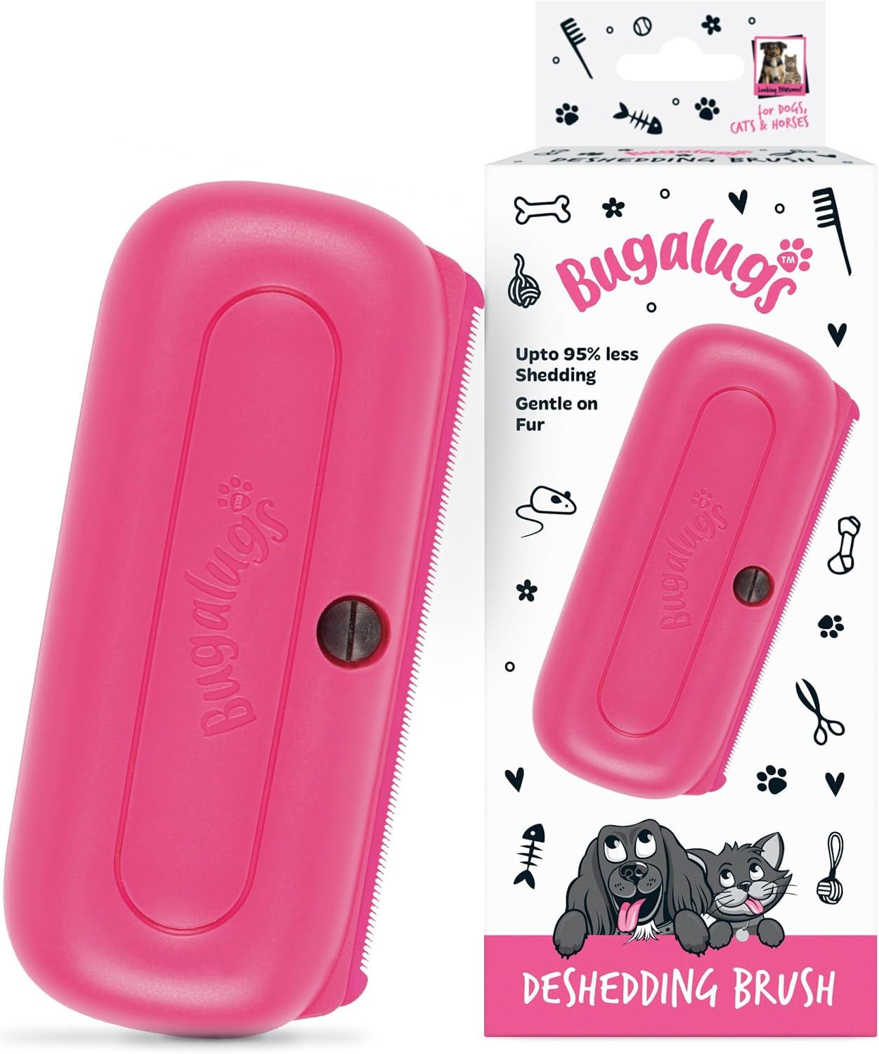Shows the core product, a pink pet deshedding brush, clearly displayed alongside its retail packaging to communicate what the buyer will receive. Displays the branded retail packaging with key…