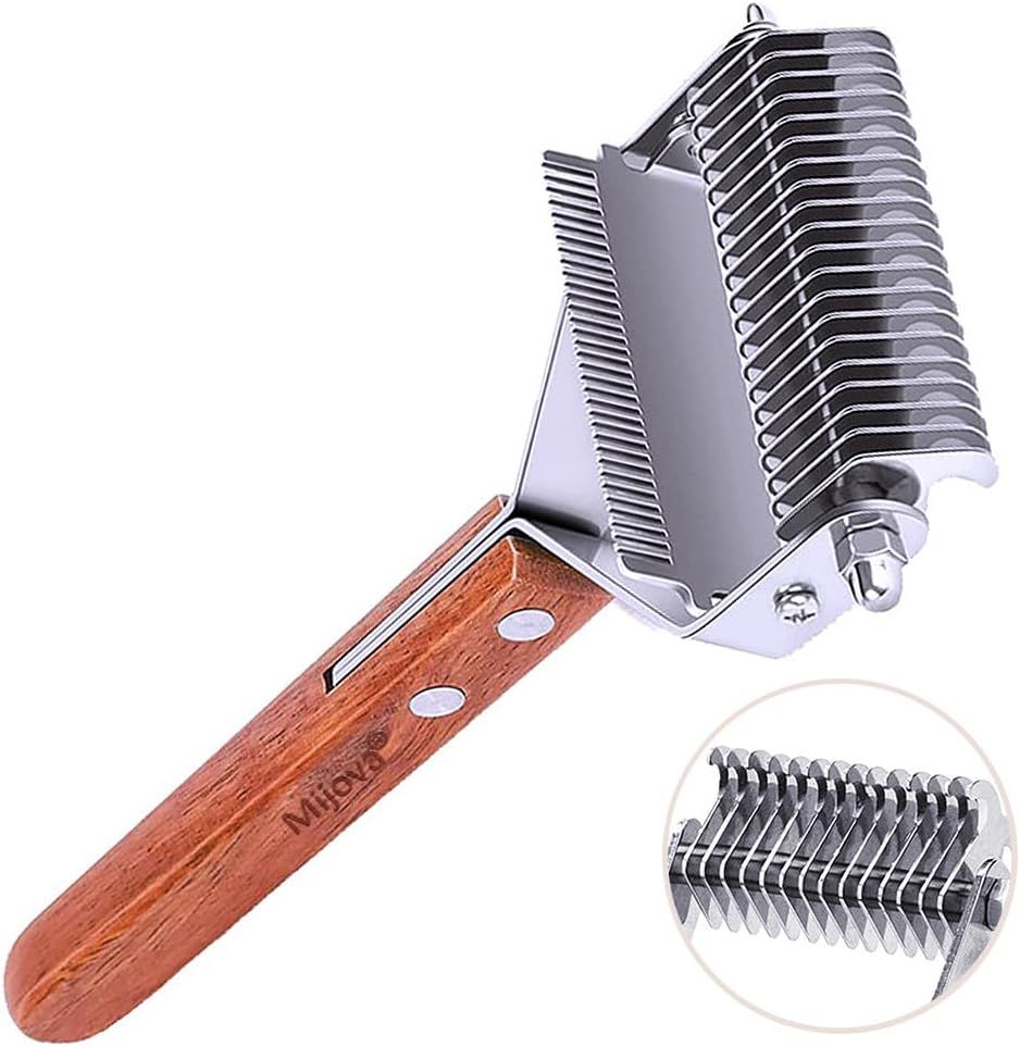 Shows the core product clearly on a white background to help shoppers understand what they are purchasing - a pet grooming rake/comb with a wooden handle and dual-sided metal blade. Demonstrates the…