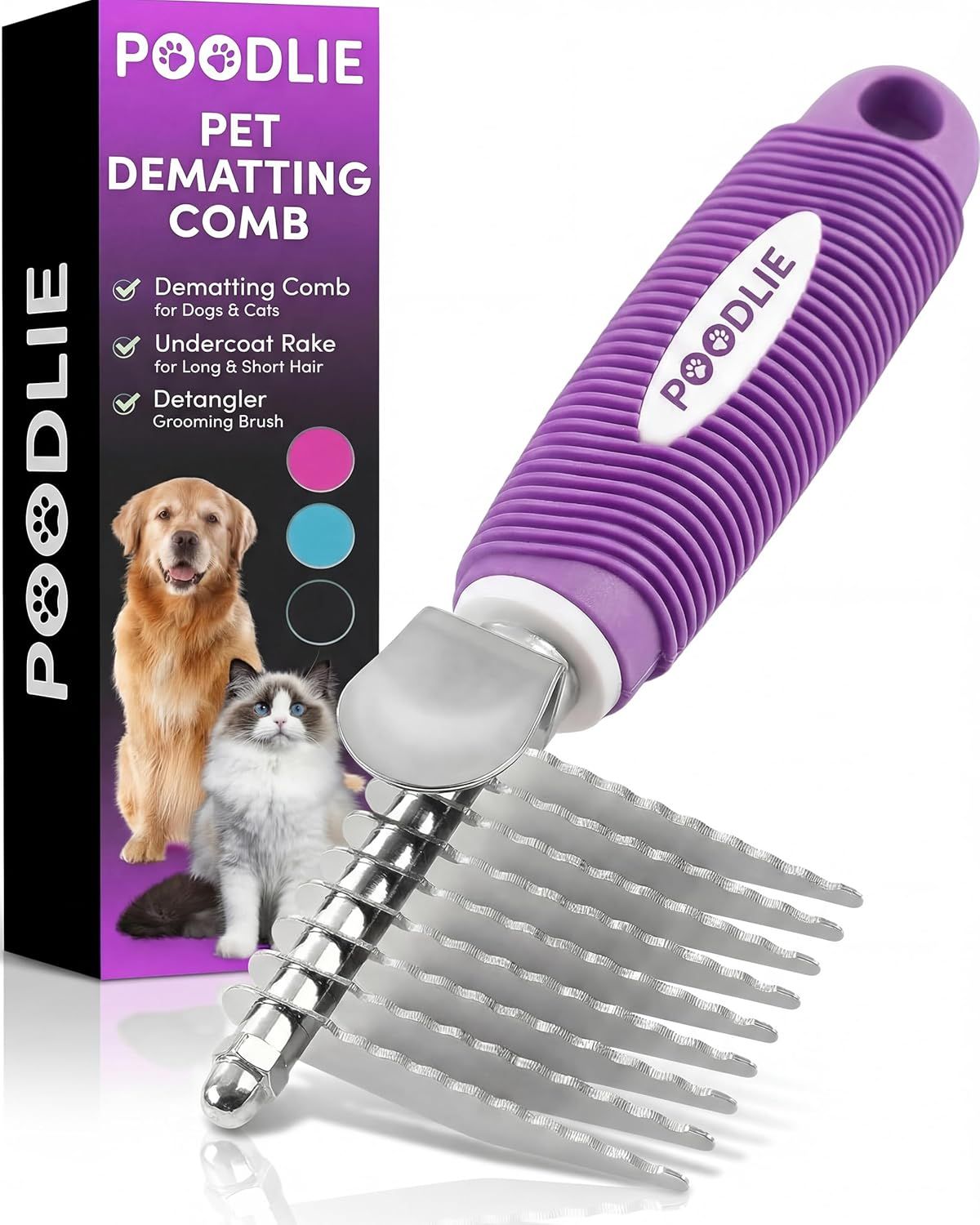 Shows the core pet grooming tool with its distinctive purple ergonomic handle and metal rake teeth, communicating its multi-functional design for dematting, undercoat removal, and detangling for…