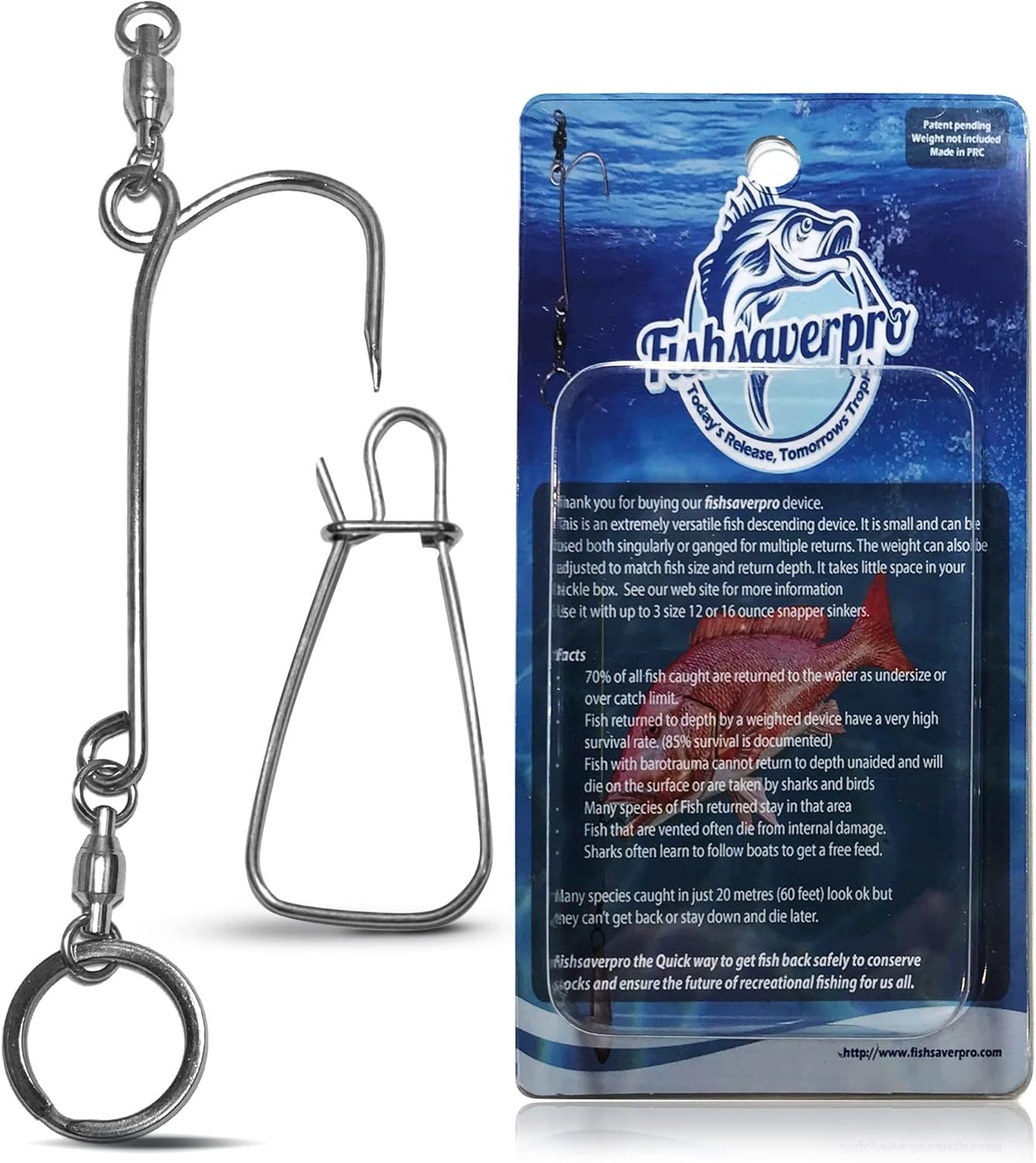 Shows the core sellable product, a metal fish descending device with clips and rings, clearly displayed alongside its retail packaging to communicate what the buyer will receive. Displays the…