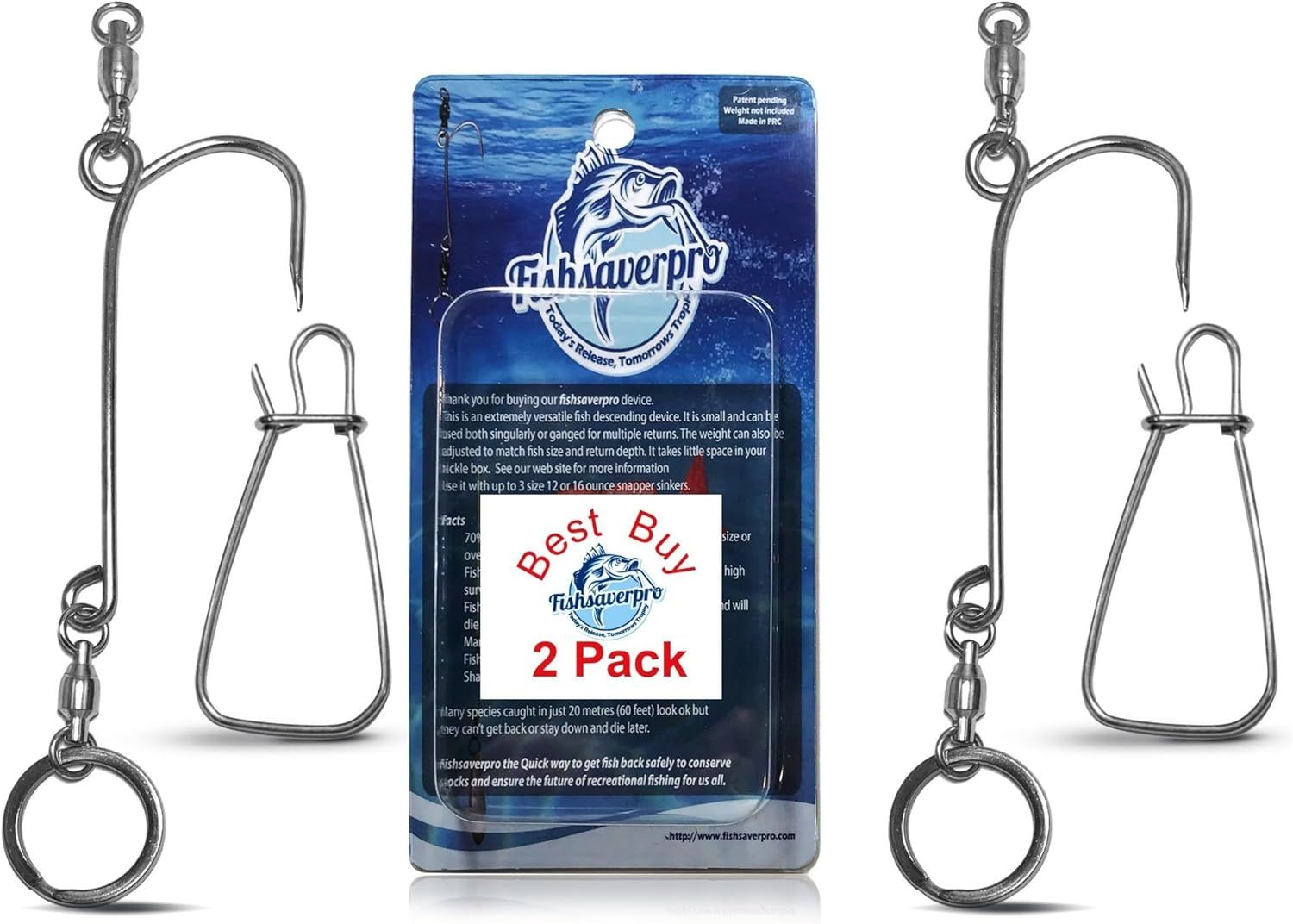 Shows the core sellable product - a 2-pack of fish descending devices with retail packaging, allowing shoppers to see both the actual metal hooks/clips and the branded package they will receive.…