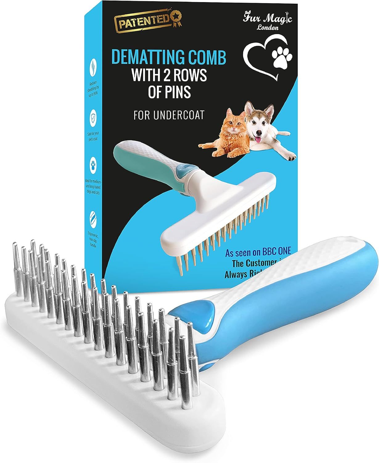 Shows the core pet grooming product clearly with its retail packaging to communicate what the buyer will receive and its key feature of dual-row pin design for undercoat dematting. Displays the…