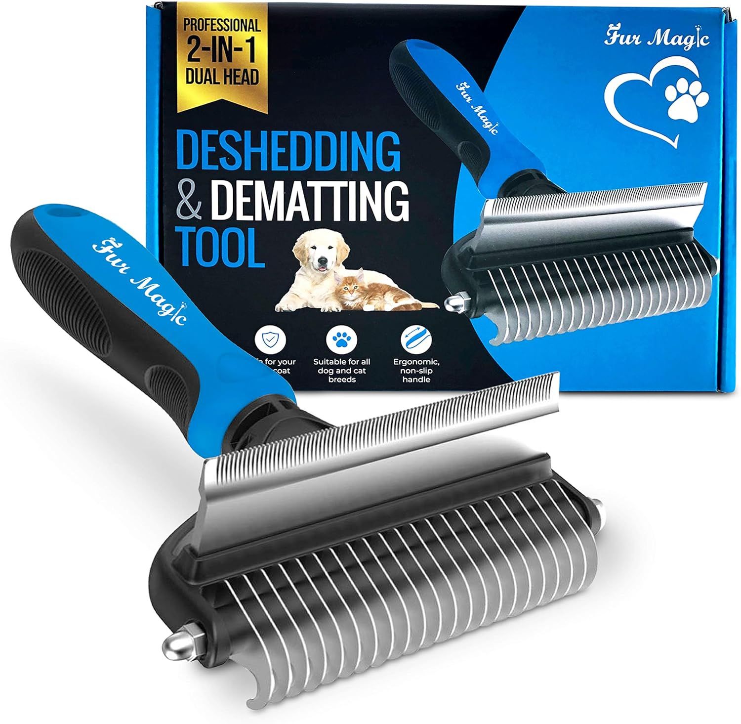 Shows the core pet grooming tool with its dual-head functionality, communicating that this is a versatile 2-in-1 solution for managing pet fur. Displays the retail packaging alongside the product to…