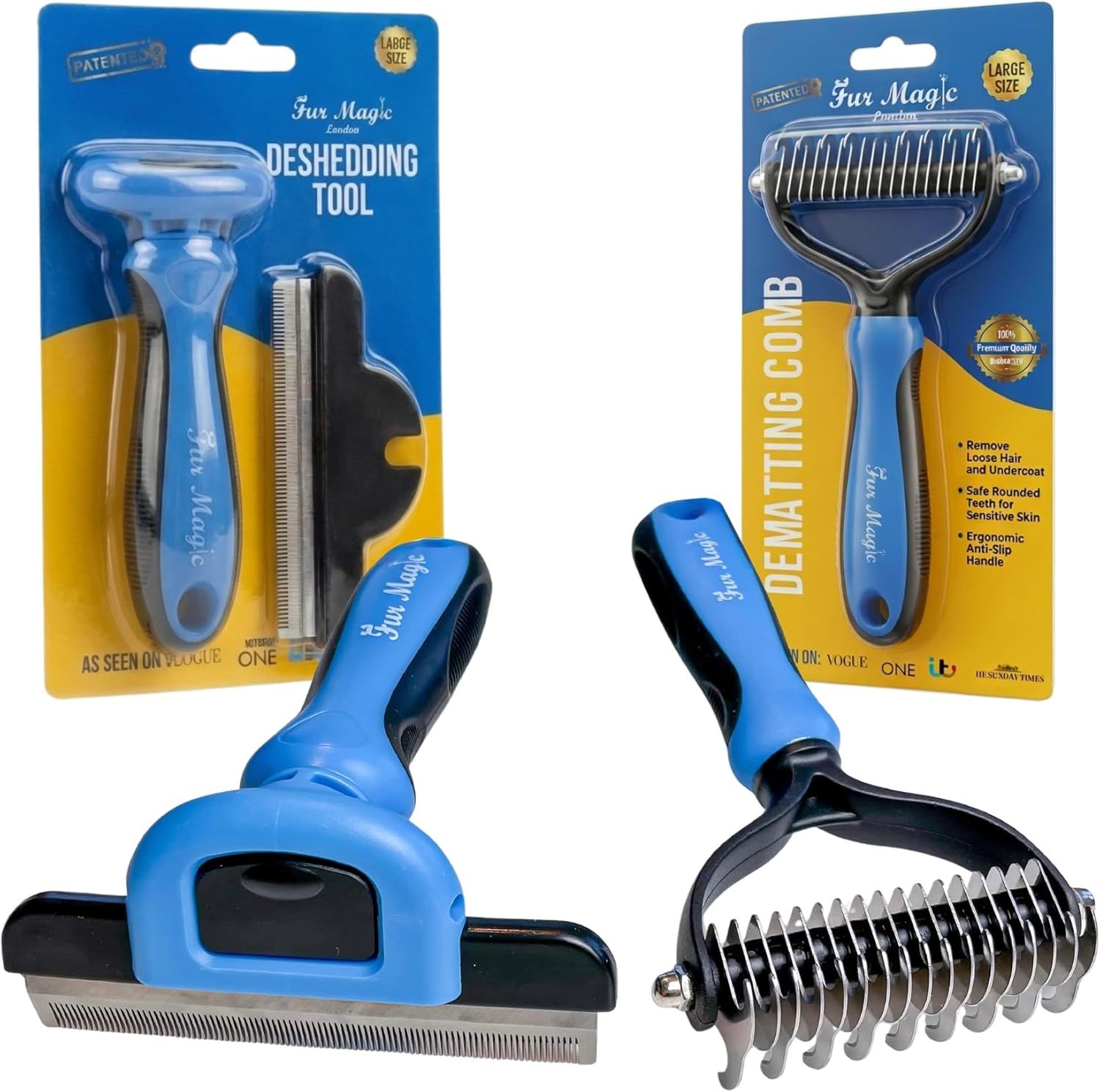 Shows two pet deshedding tools clearly displayed both in packaging and out of package to communicate the product design, ergonomic handles, and blade construction for removing loose pet hair.…