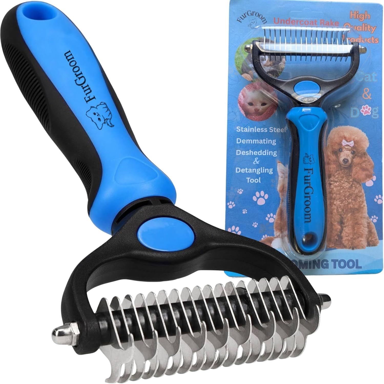 Shows the core pet grooming tool with its stainless steel dematting blade and ergonomic handle, allowing shoppers to clearly see what they are purchasing. Displays the retail packaging alongside the…