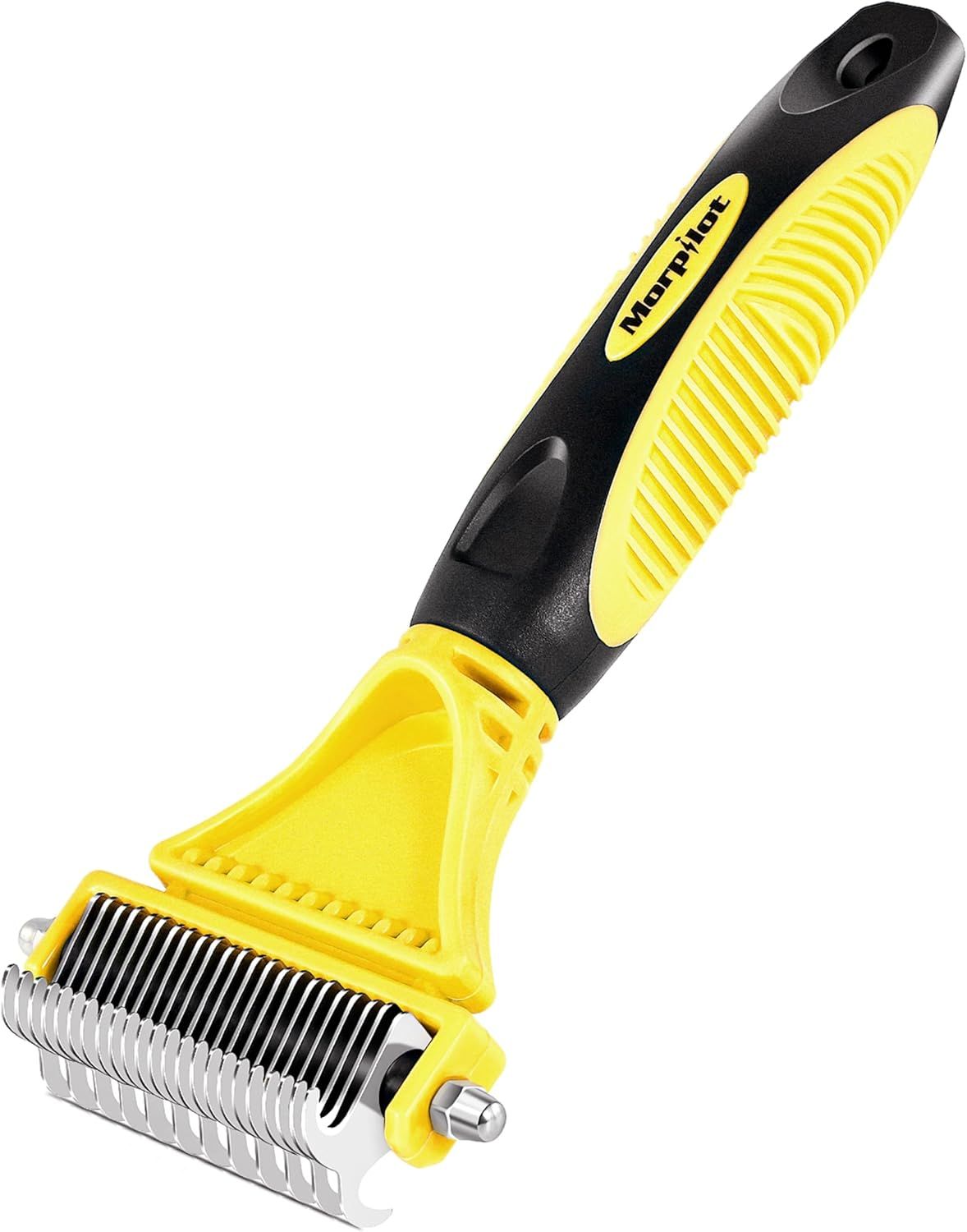 Displays the core pet grooming tool with its distinctive yellow and black ergonomic handle and metal blade attachment, allowing shoppers to clearly see the product design and build quality.