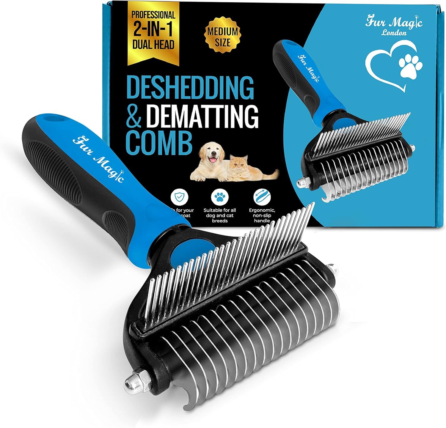 Shows the core pet grooming comb with its dual-head design to communicate the versatile 2-in-1 functionality for deshedding and dematting pet fur. Displays the retail packaging alongside the product…