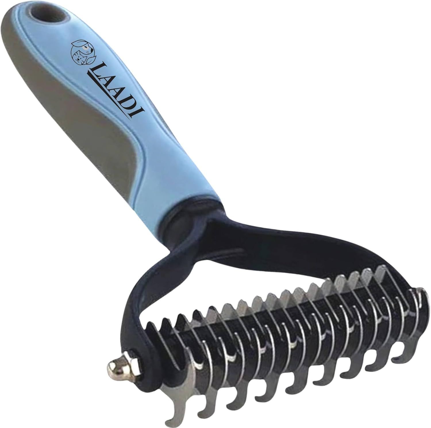 Shows the core product clearly on a white background to help shoppers understand what they are purchasing - a pet grooming rake/comb with branded handle.