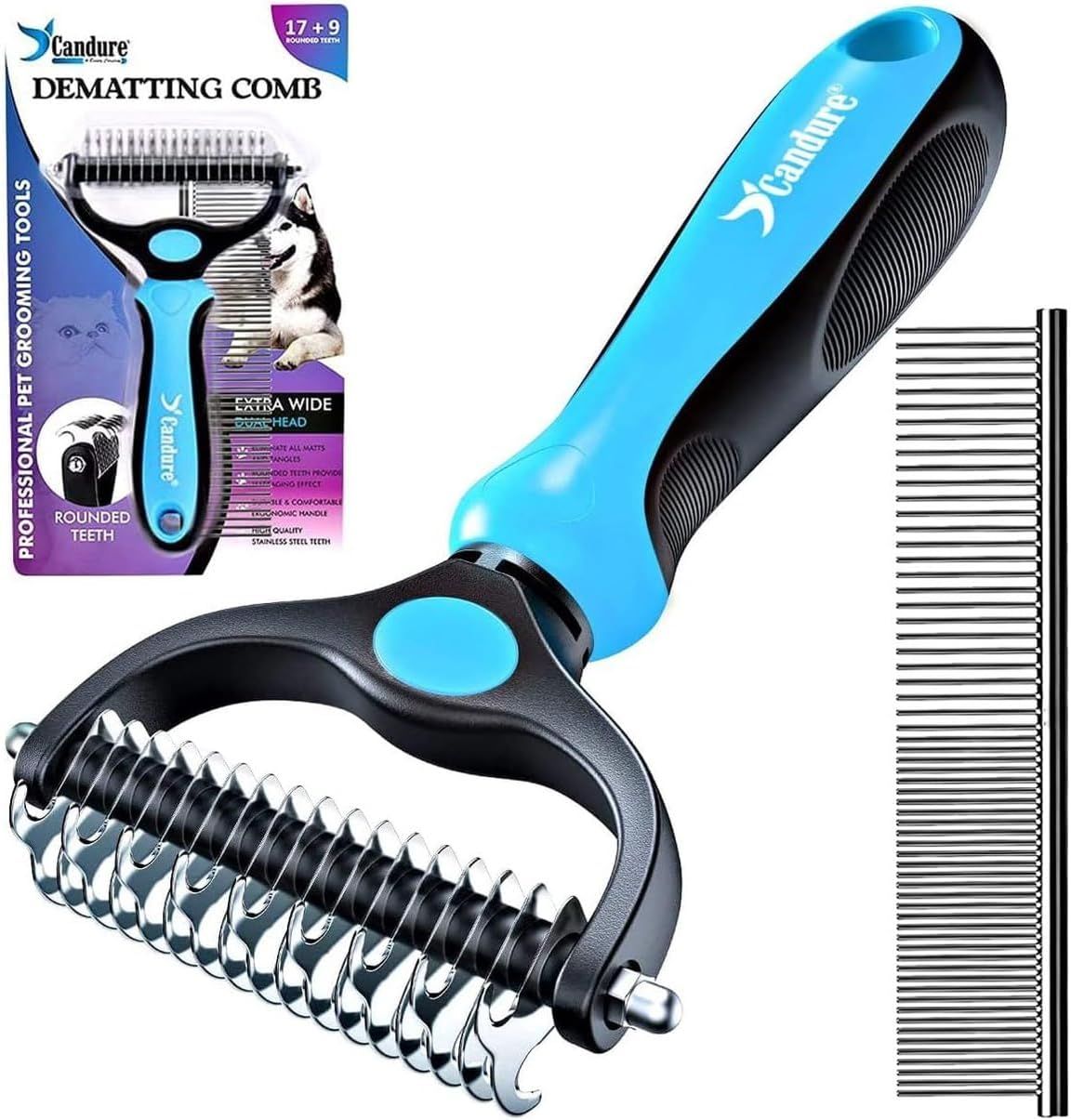 Shows the core pet grooming product with its dual-sided design featuring a dematting rake and fine-tooth comb to communicate the complete grooming solution included in the purchase. Displays the…