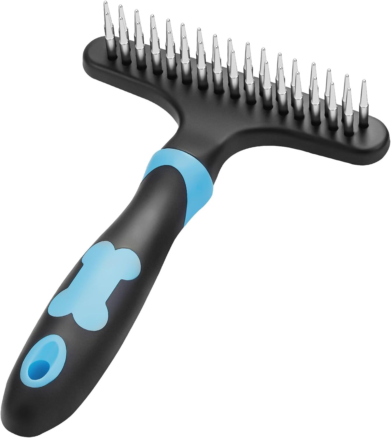 Shows the core pet grooming brush with its distinctive curved head design and ergonomic handle to communicate the product's form and functionality. The blue decorative elements on the handle appear…
