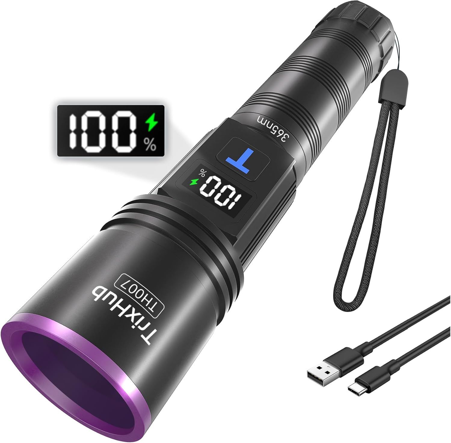 Shows the core flashlight product with its key features including digital battery percentage display and USB-C charging capability to communicate convenience and modern functionality. Displays the…