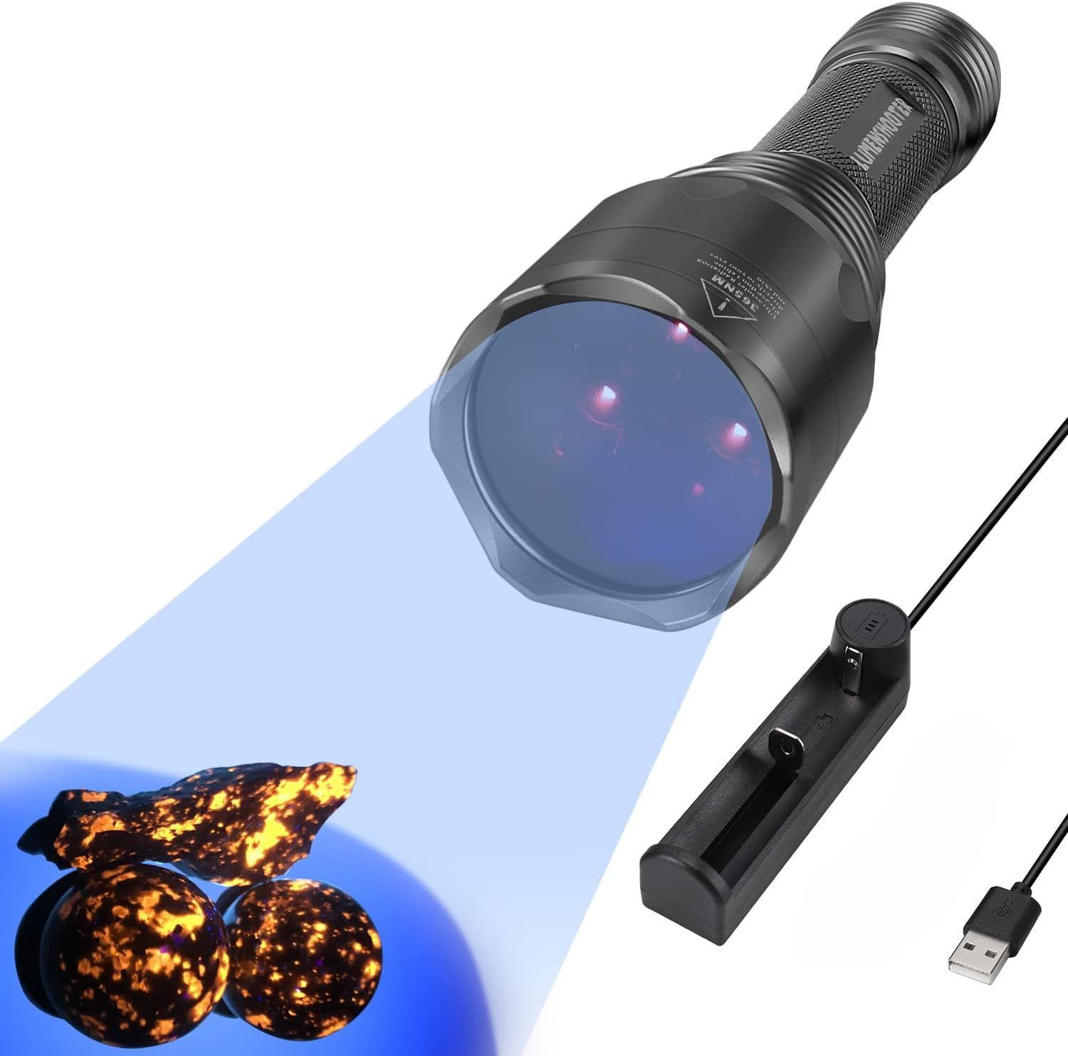 Shows the core UV flashlight product along with its included charging accessories to communicate what the buyer receives in the purchase. Demonstrates the flashlight's UV light function by showing…