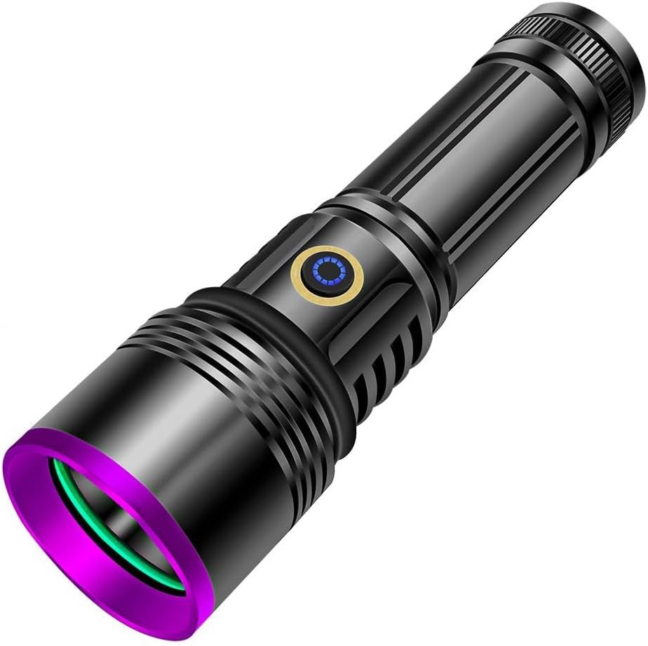 Displays the core product clearly on a white background to show the flashlight's design, build quality, LED power indicator button, and distinctive purple bezel accent. Uses a subtle drop shadow…
