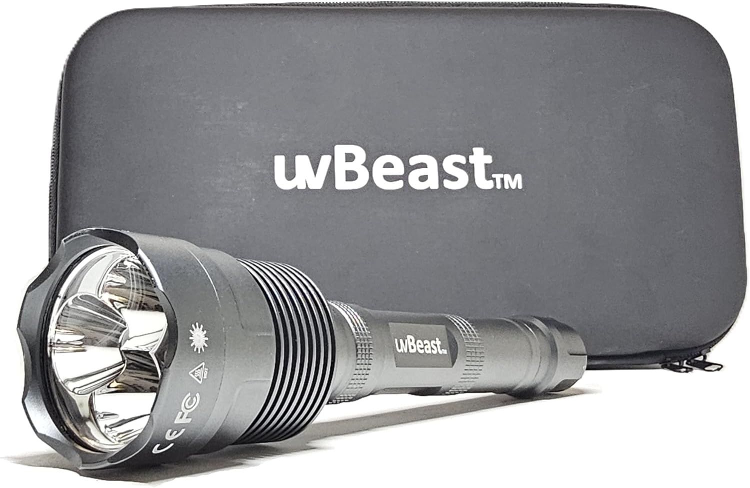 Displays the core product, a uvBeast branded flashlight with its included carrying case, showing shoppers exactly what they will receive. Shows the branded protective case that comes with the…