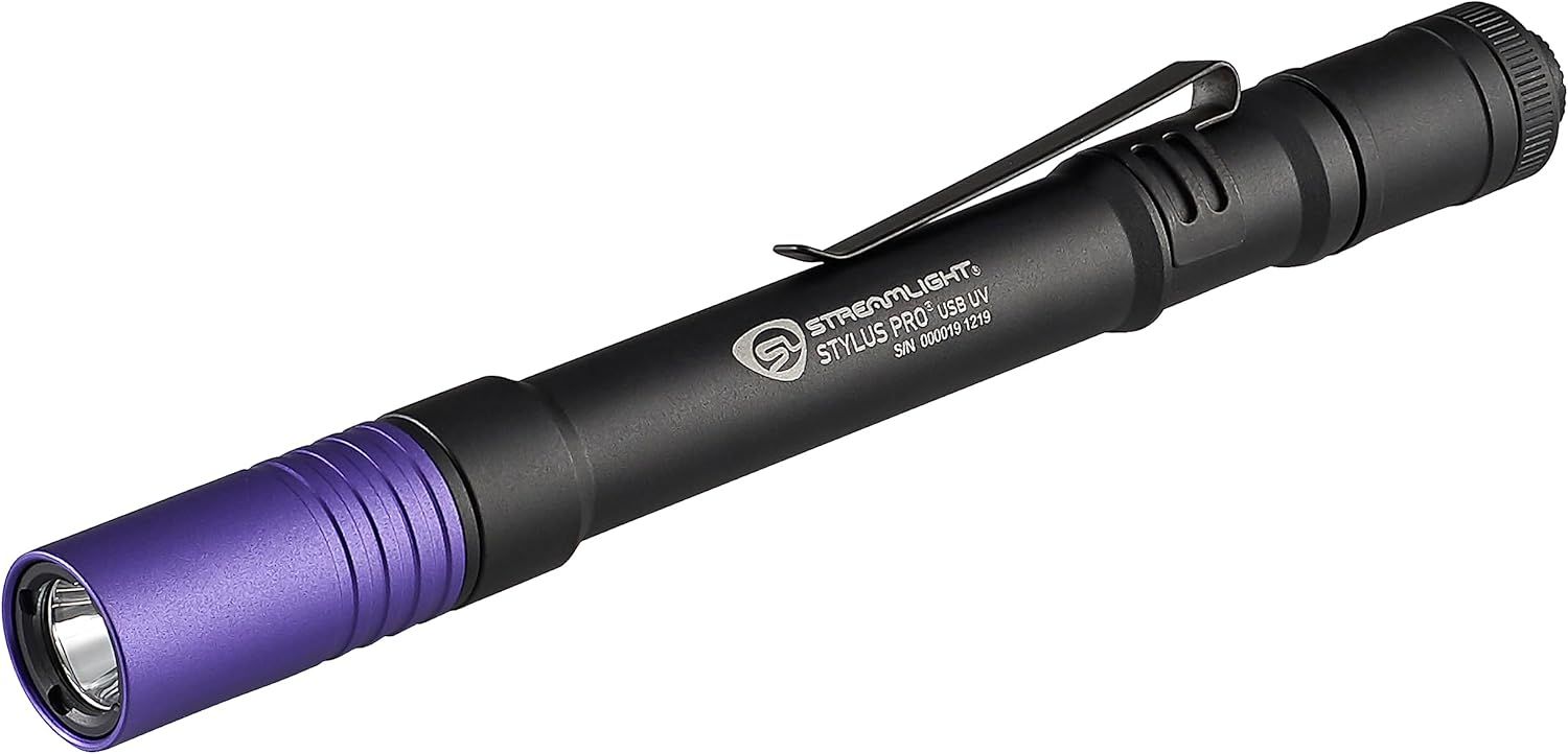 Displays the core product clearly on a white background to show the flashlight's design, branding, and key features like the purple bezel and pocket clip.