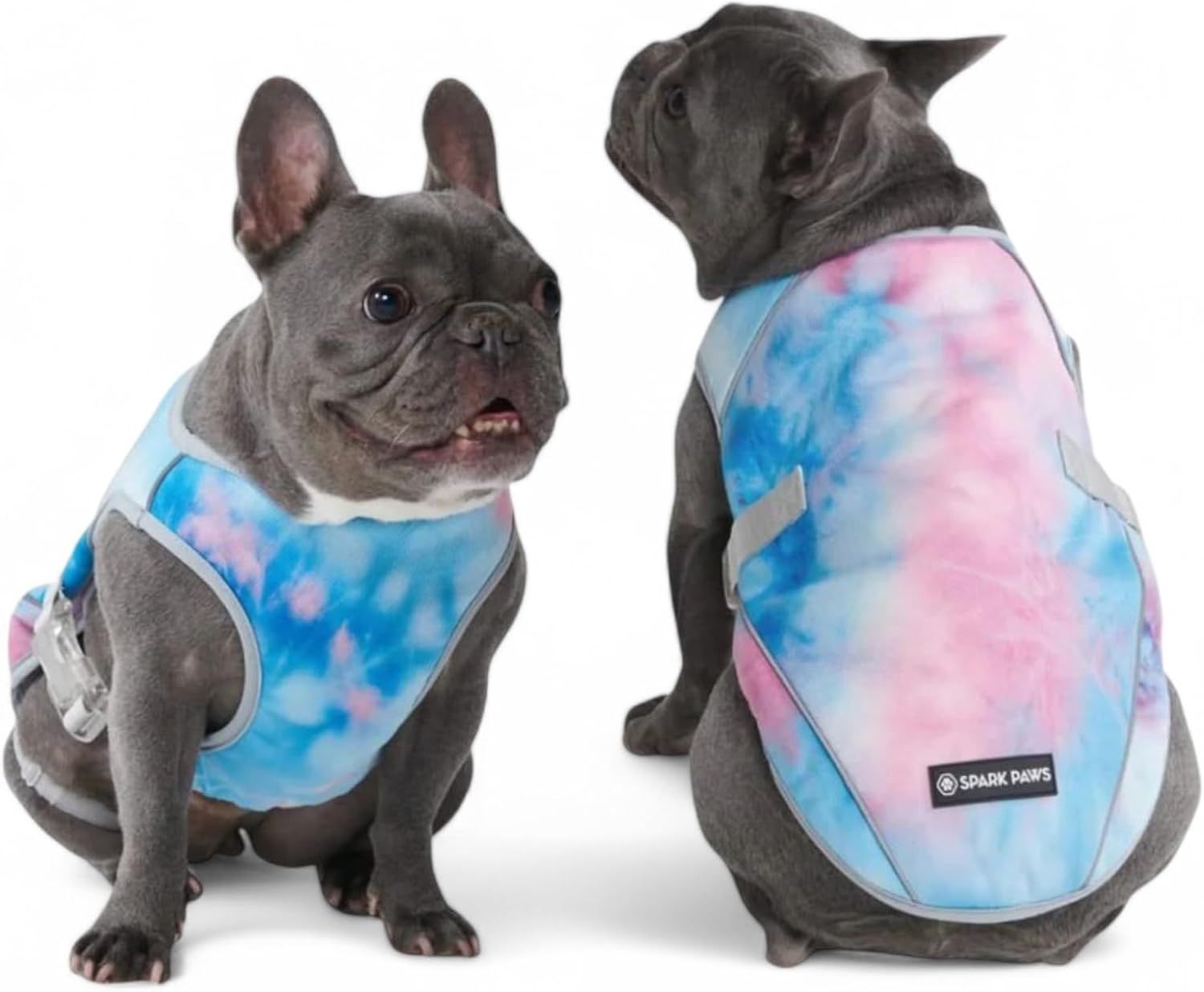 Shows how the dog vest fits on an actual dog from both front and back angles, helping shoppers visualize sizing, coverage, and appearance on their own pet. Demonstrates the product being worn and…