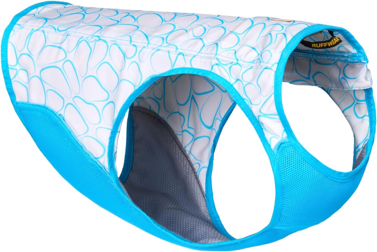 Displays the core product, a dog cooling vest with distinctive blue paw print pattern and mesh panels, to show shoppers exactly what they will receive.