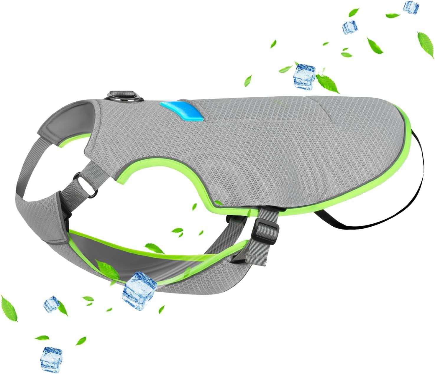 Displays the core product, a dog cooling vest with breathable mesh fabric and adjustable straps, showing its design and construction to help shoppers understand what they are purchasing. Uses…