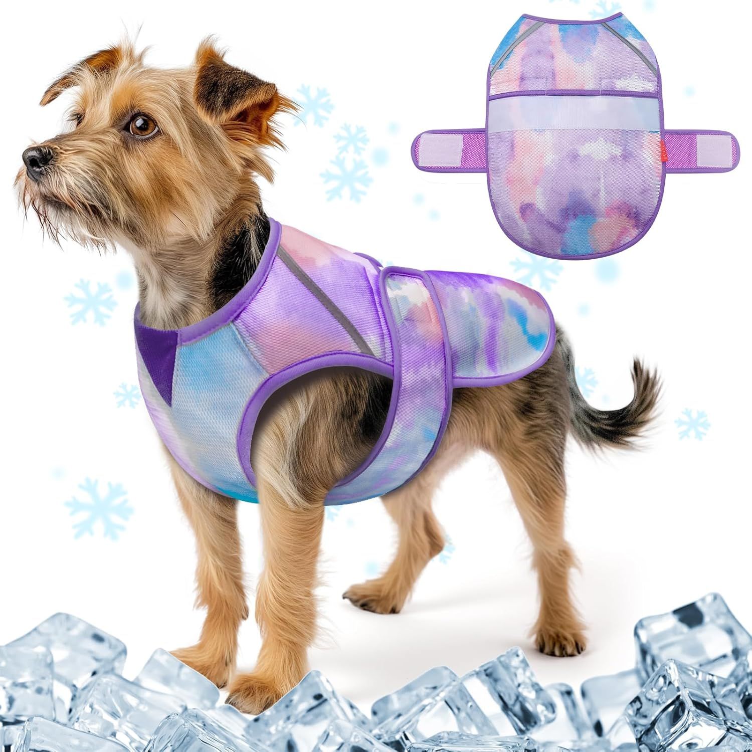 Shows the core product—a cooling vest for dogs—worn by a model dog to demonstrate fit, style, and function. The tie-dye pattern and cooling theme are highlighted with snowflake graphics and ice cube…