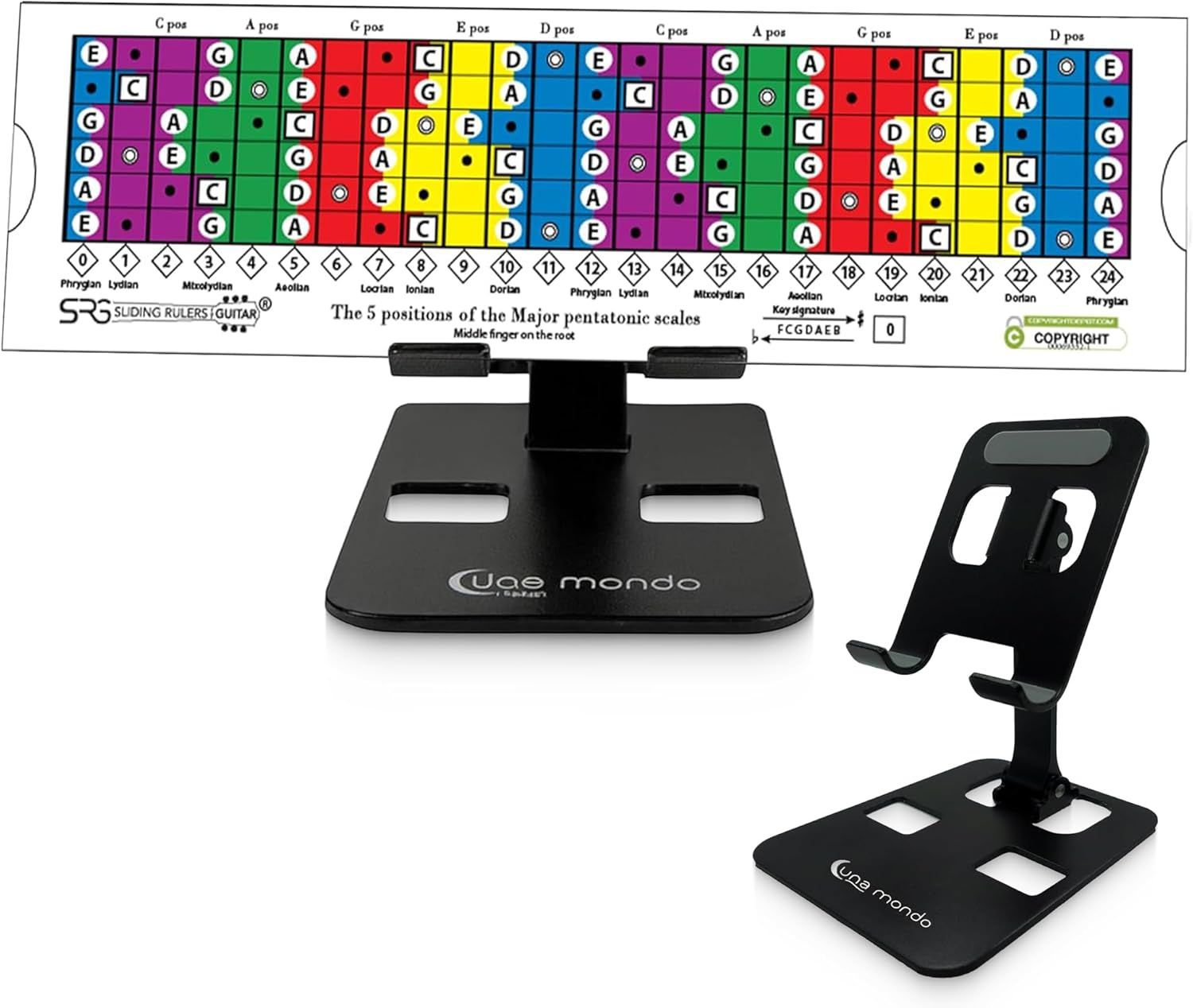 Shows the complete guitar learning system including the color-coded pentatonic scale chart and adjustable stand to communicate the full product offering and educational value. Demonstrates that the…