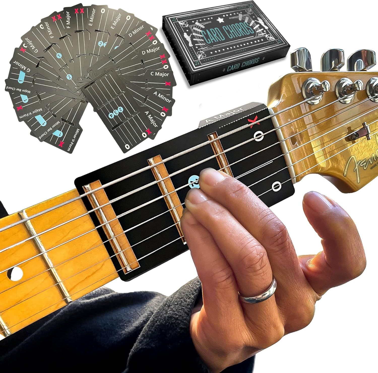 Shows the guitar with included chord learning cards and packaging to communicate that this is a complete learning kit with educational accessories, not just the instrument alone. Demonstrates proper…