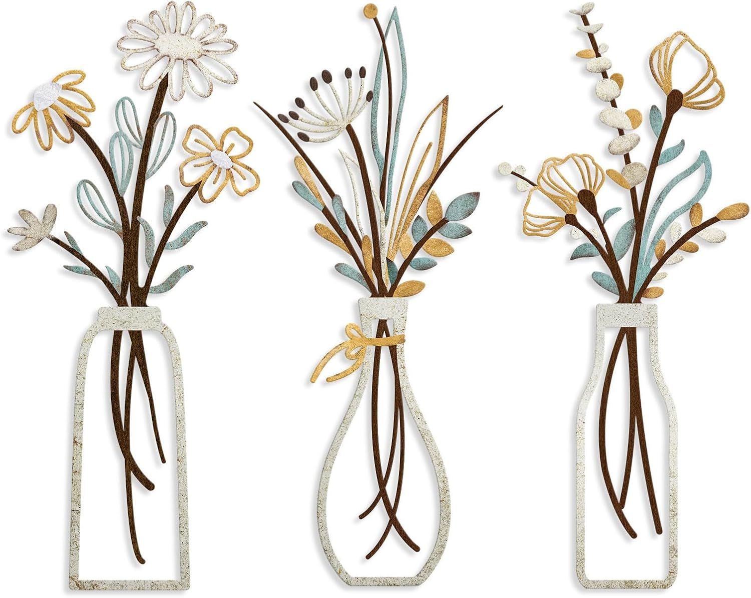 Shows the core product—three decorative metal flower vases—clearly displayed to communicate the design, style, and what the buyer will receive.