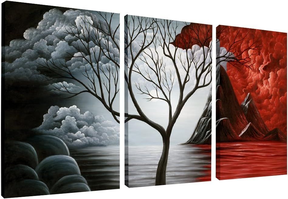 Displays the core sellable product, a three-piece canvas art set featuring a dramatic tree landscape in contrasting colors, allowing shoppers to see the complete artwork and its multi-panel…