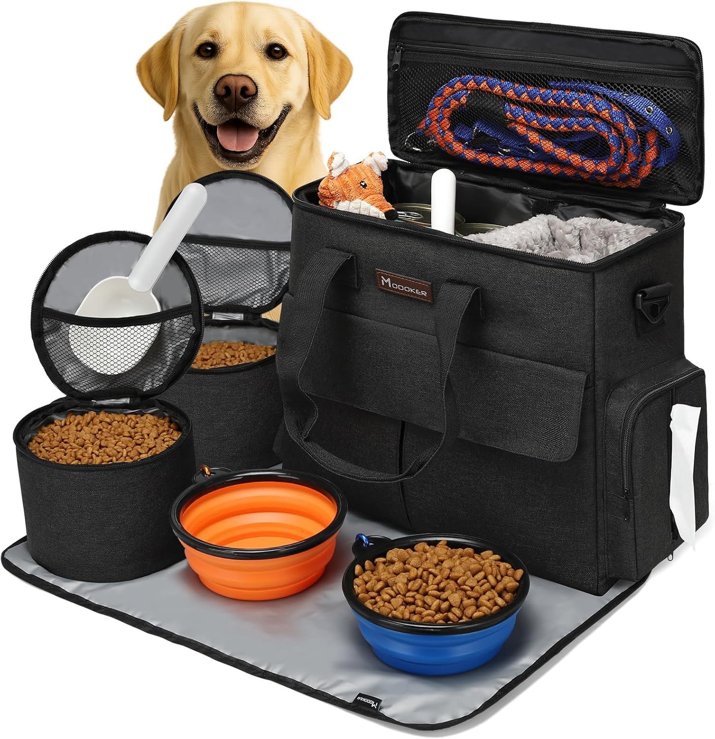 Shows the complete dog travel organizer set with all included accessories (bag, food containers, bowls, leash, toys, mat) to communicate the comprehensive nature of the kit and help shoppers…