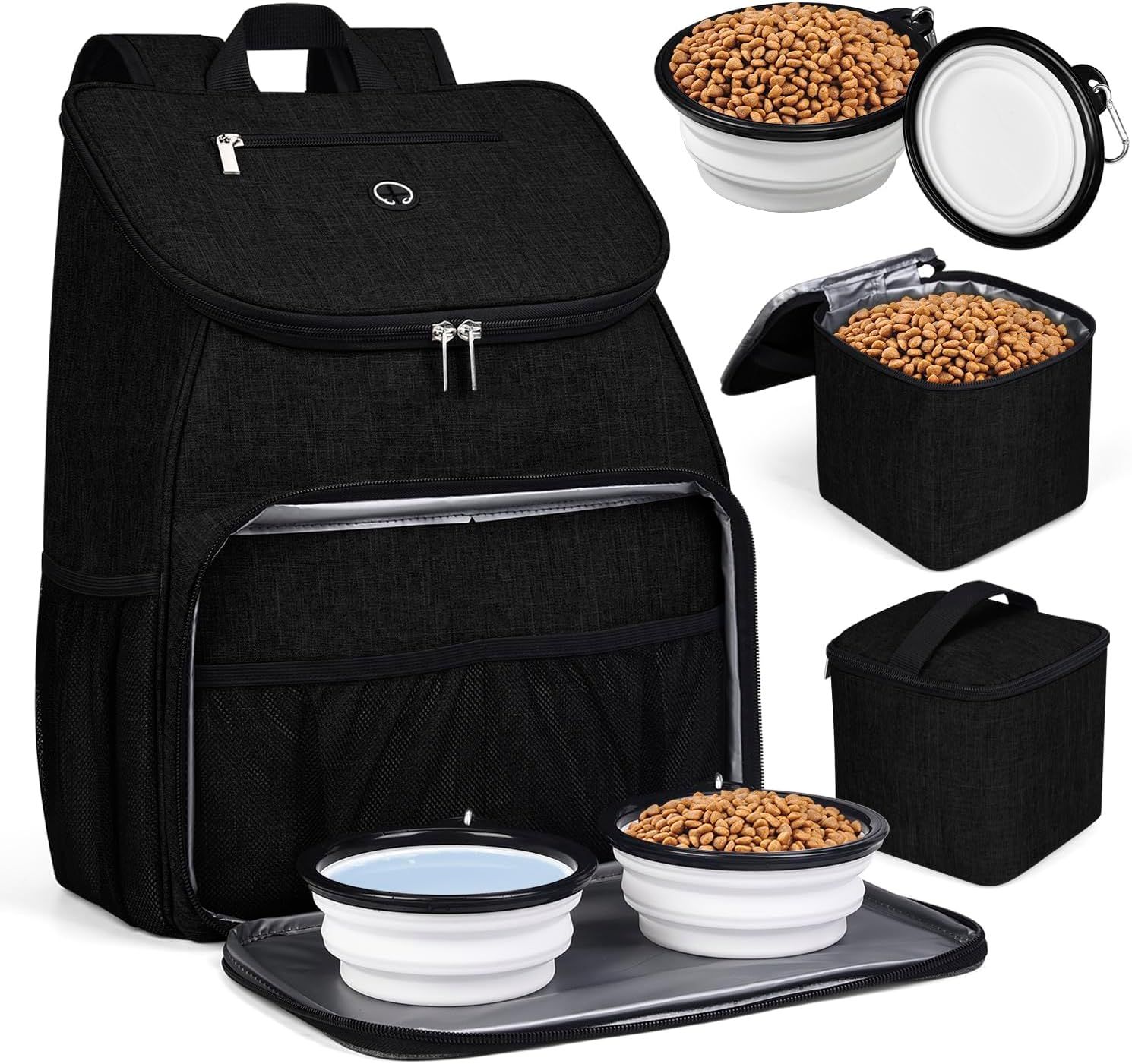 Shows the complete pet travel backpack system with all included storage containers and accessories to communicate the comprehensive solution for pet owners on the go. Demonstrates all the included…