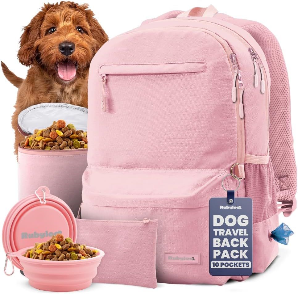 Displays the complete dog travel backpack set with collapsible bowls and storage pouch to show shoppers everything included for traveling with their pet. Shows the included accessories that come…