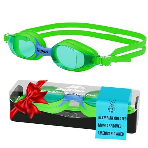 Displays the core product (green swim goggles) clearly so shoppers can see the design, color, and style of the goggles they are purchasing. Shows the retail packaging with a decorative red bow to…