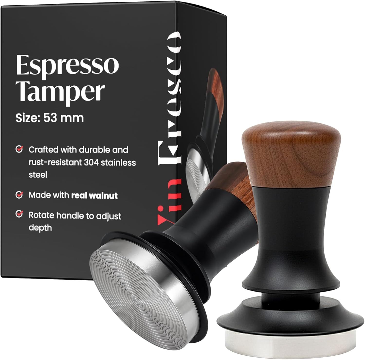Displays the core product—two espresso tampers with walnut handles and stainless steel bases—to show shoppers exactly what they will receive. Shows the retail packaging alongside the product to…