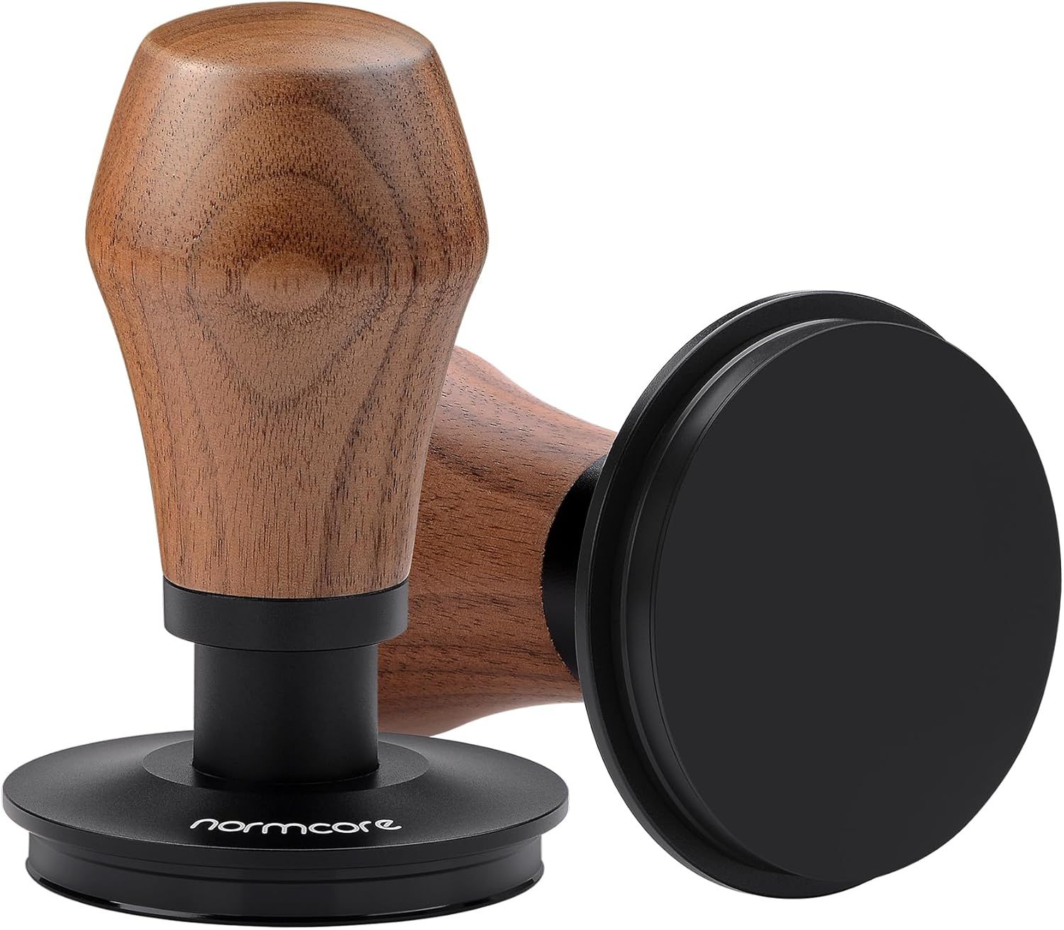 Displays the coffee tamper with its wooden handle and black metal base to communicate quality craftsmanship and professional-grade construction.