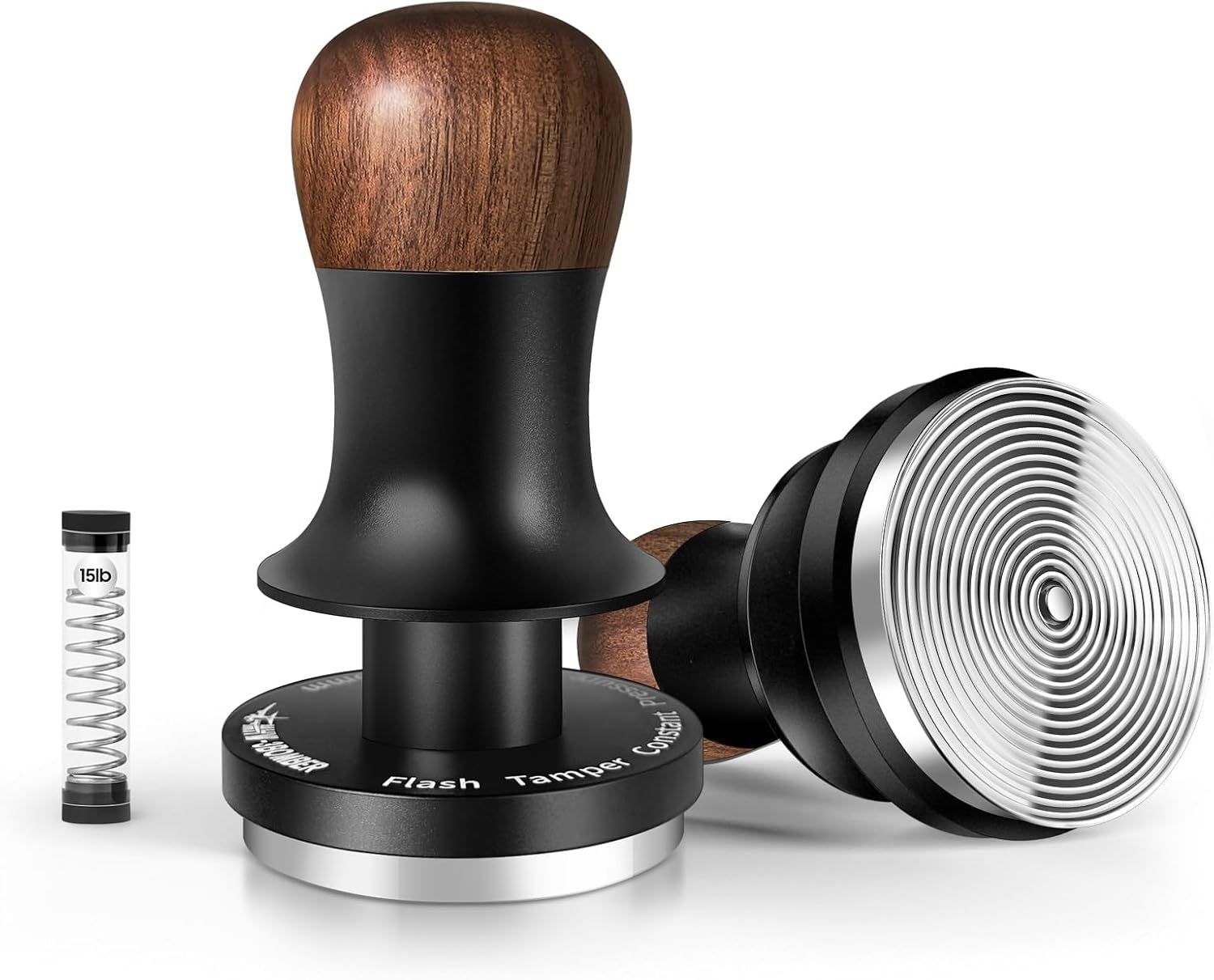 Displays the complete coffee tamper set with its components to show shoppers exactly what they will receive, emphasizing the quality materials and professional design. Shows all included components…