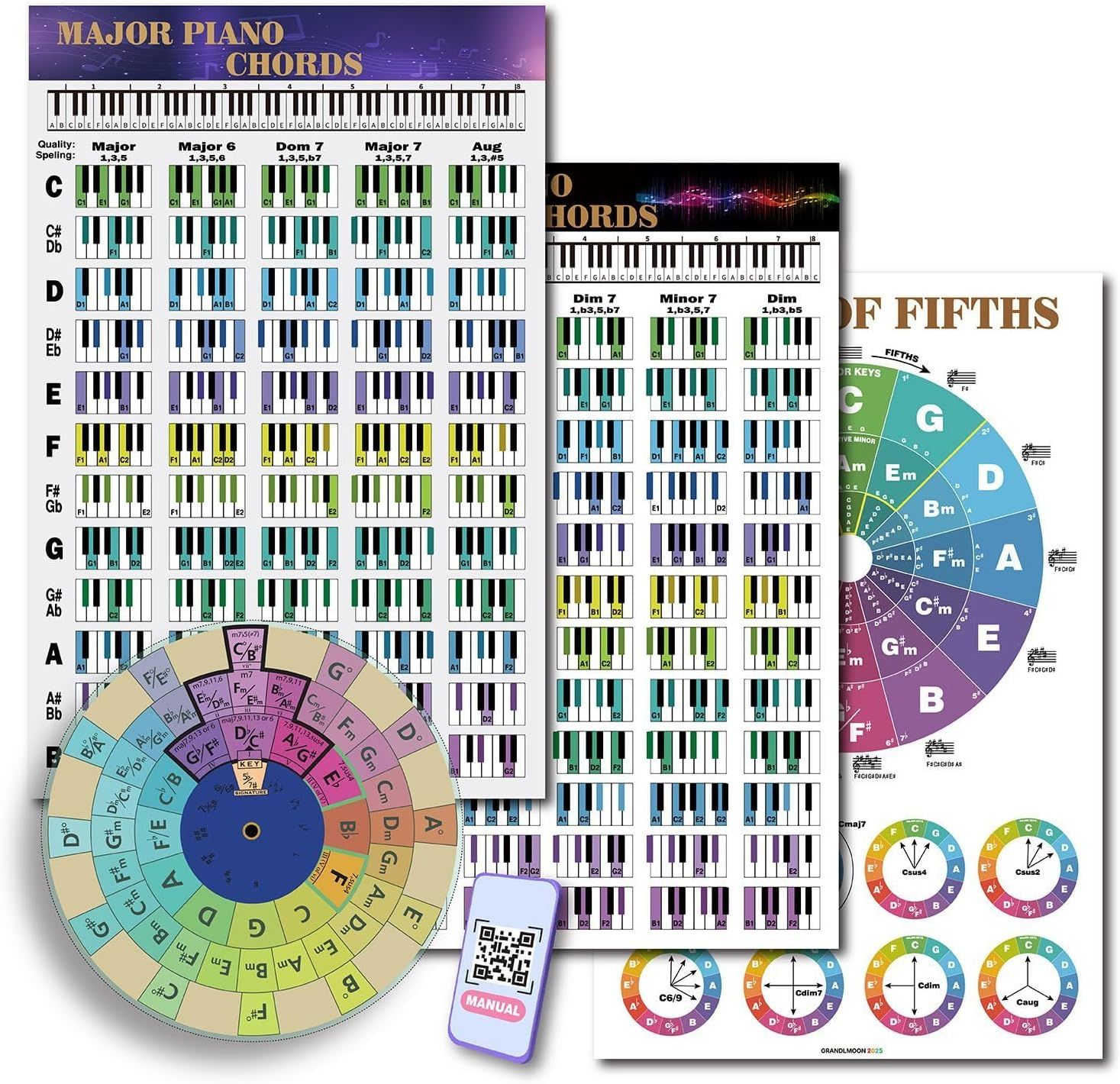 Displays the complete set of piano learning materials including chord charts and music theory wheels to show shoppers exactly what educational tools they will receive. Shows all the included…