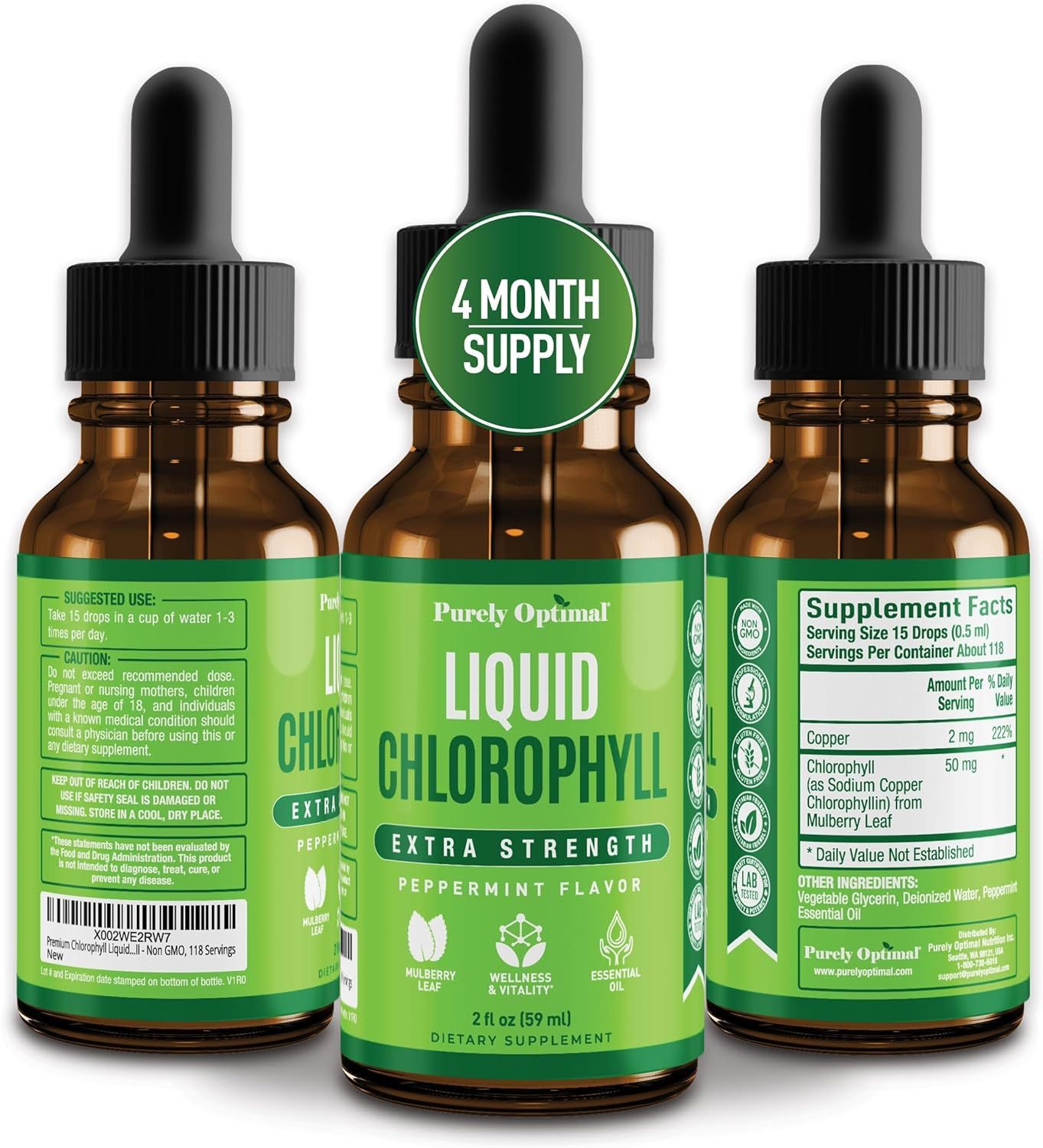 Shows the liquid chlorophyll supplement from multiple angles to give shoppers a complete view of the product packaging, label information, and supplement facts panel. Highlights the value…