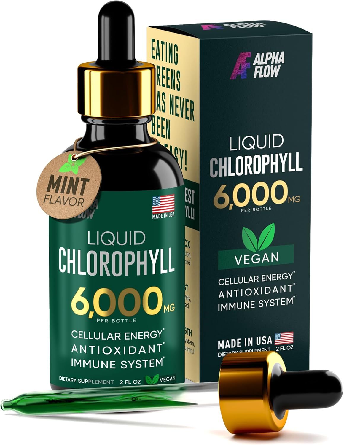 Displays the core product—a liquid chlorophyll dietary supplement bottle with dropper—alongside its retail packaging to show shoppers exactly what they will receive and communicate key product…