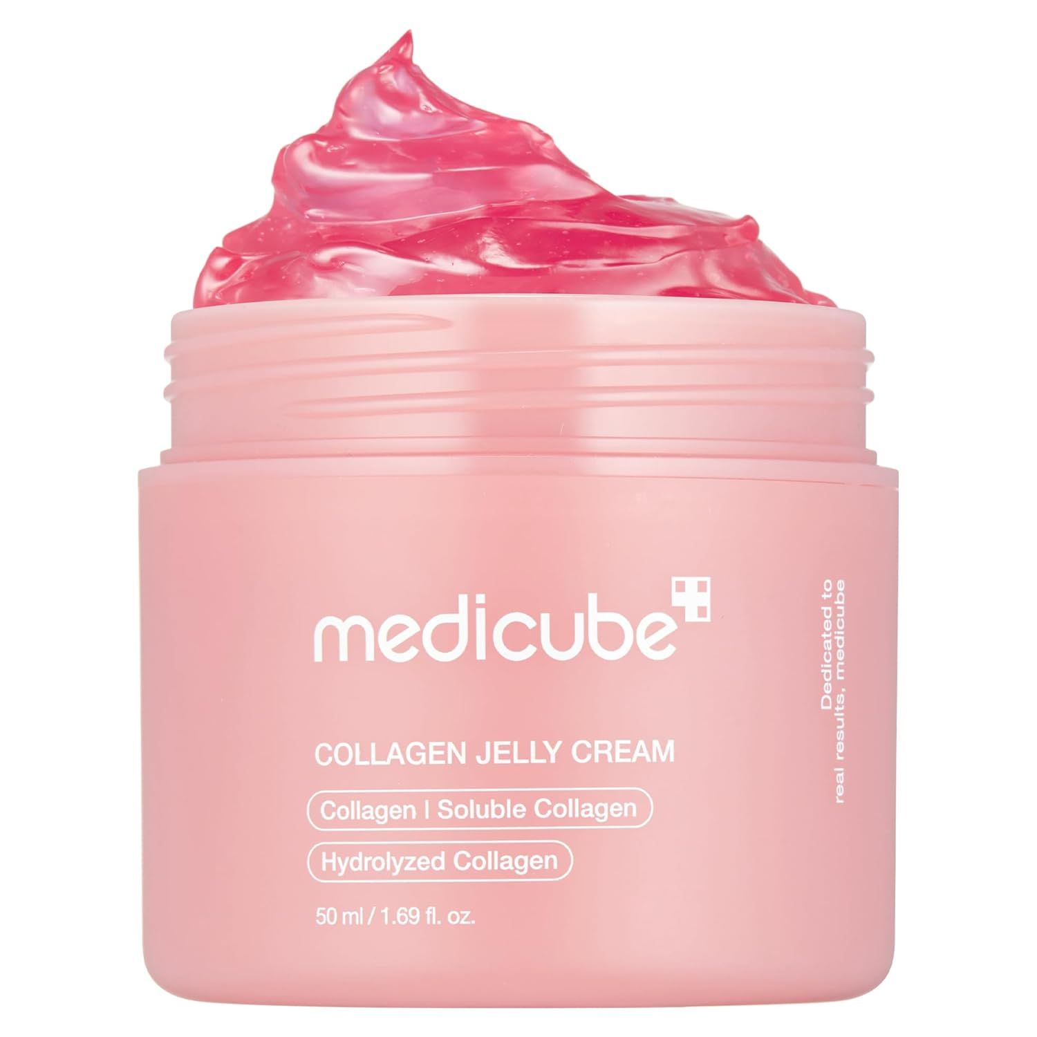 Displays the core product with its distinctive pink jelly cream texture prominently visible to communicate the unique formulation and appeal of the collagen-based skincare product. Shows the actual…