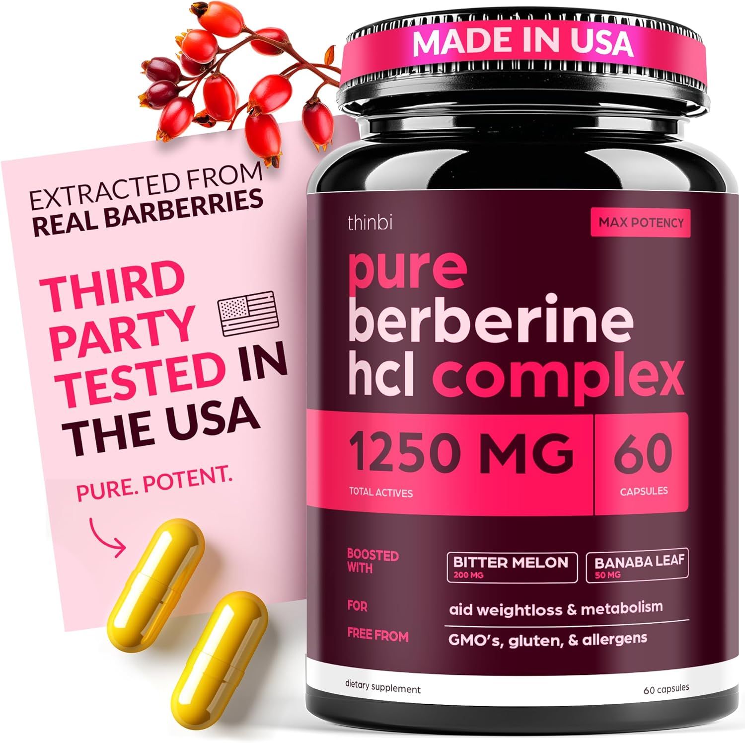 Displays the core product—a berberine supplement bottle—clearly showing the brand, dosage, and capsule count to help shoppers identify what they are purchasing. Uses graphic overlays and decorative…