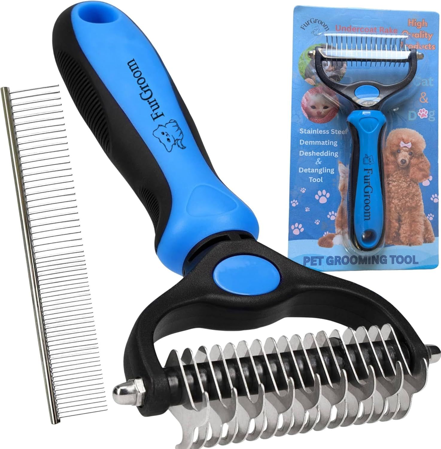 Displays the core pet grooming tools clearly to show shoppers exactly what they will receive, including the undercoat rake and metal comb for dematting and deshedding. Shows the retail packaging…