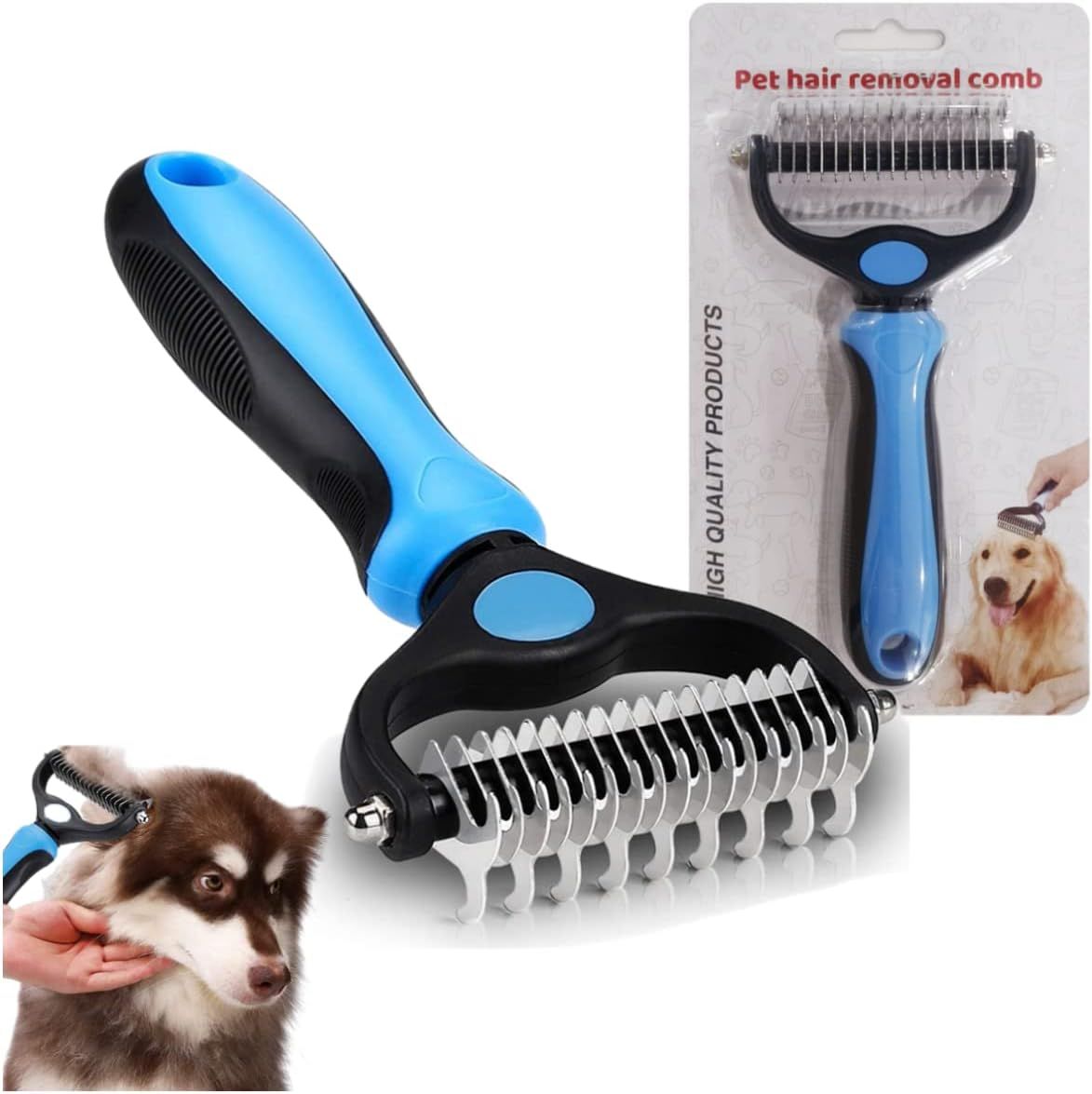 Shows the core pet grooming tool clearly with its distinctive blue and black handle and metal comb head, allowing shoppers to see exactly what they are purchasing. Displays the actual retail…