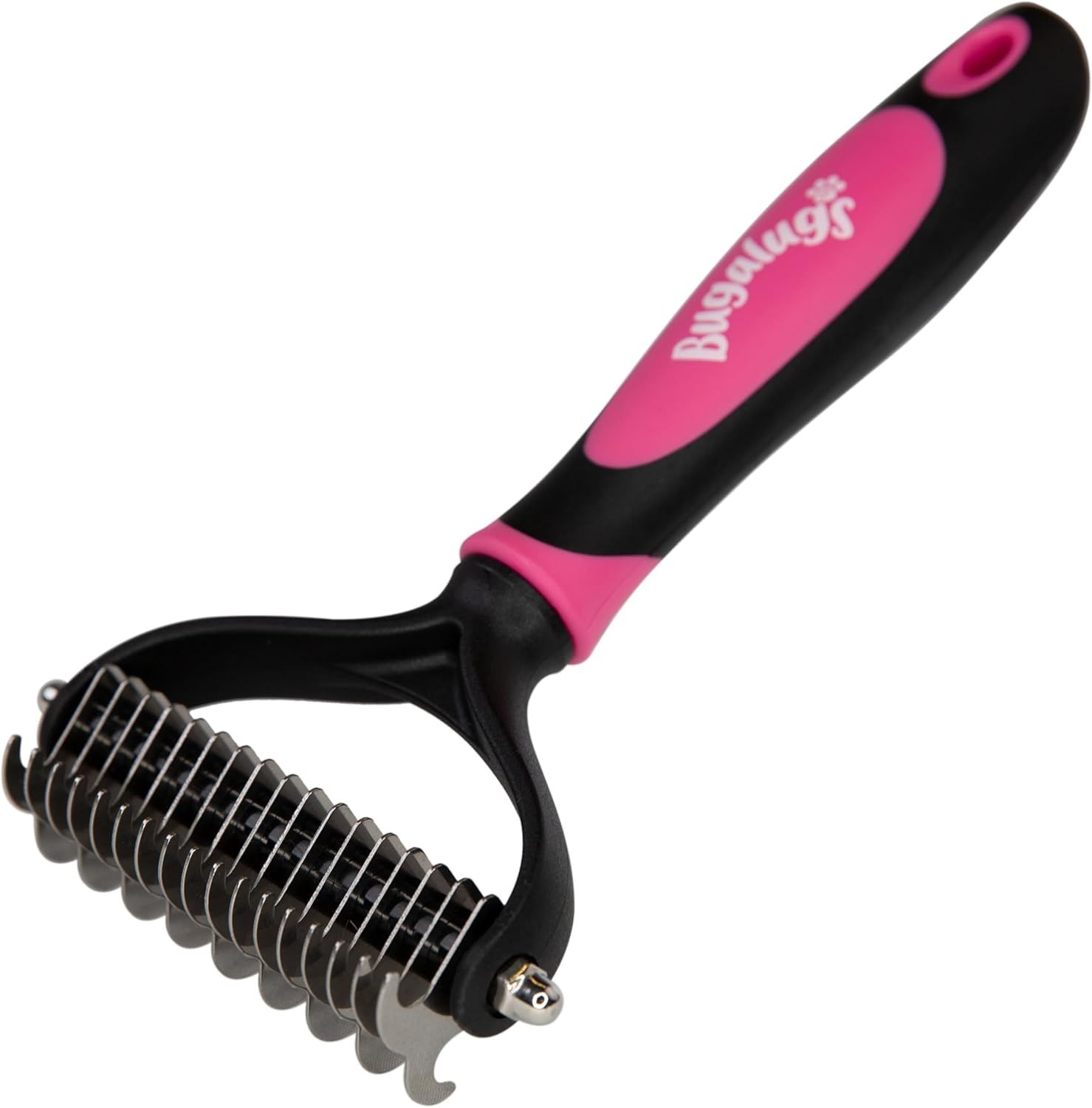 Displays the core product clearly to show shoppers what they will receive, emphasizing the ergonomic pink and black handle design and the metal grooming rake head.