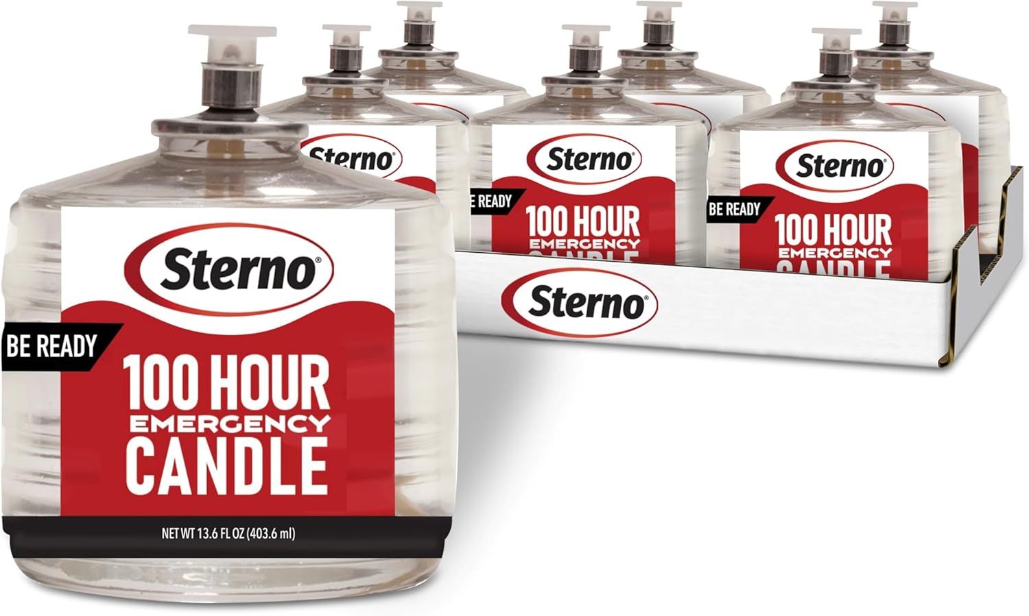 Shows the core product—a multi-pack of Sterno emergency candles—clearly displayed to communicate what the buyer will receive, emphasizing the long burn time and emergency preparedness benefit.…